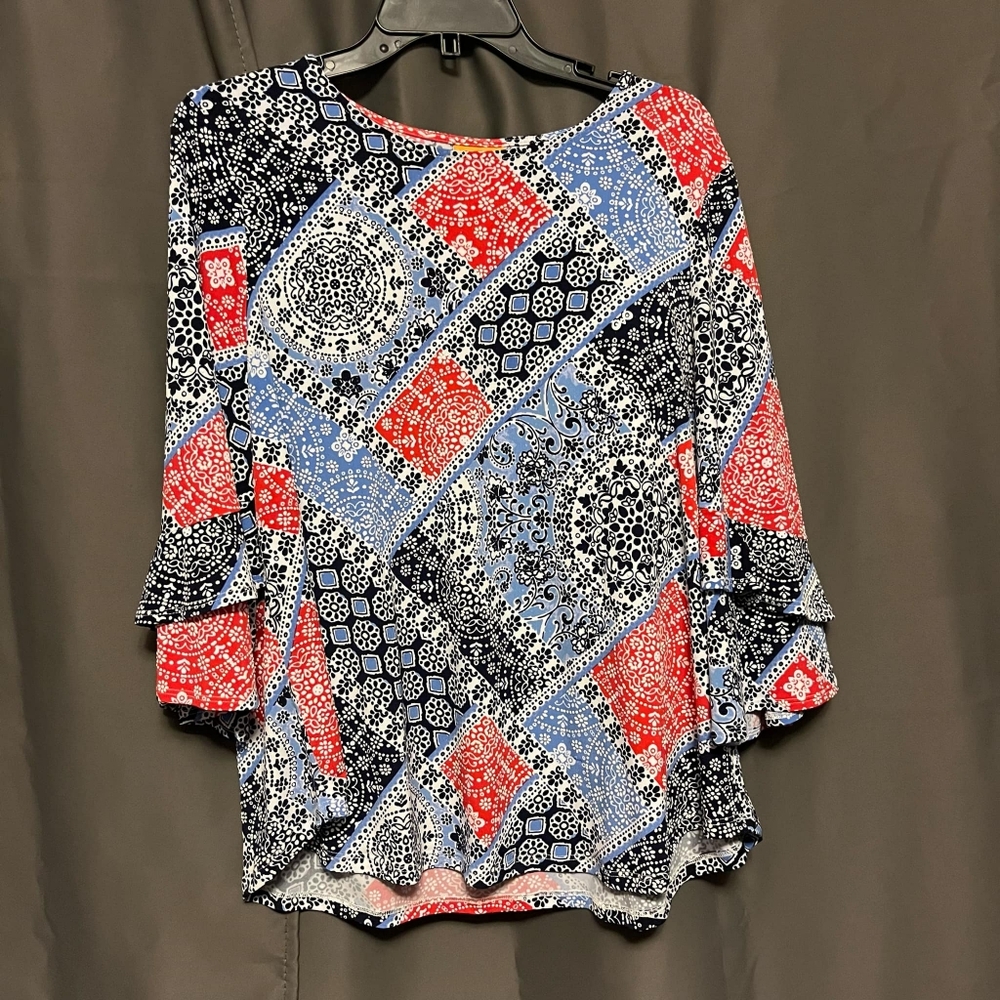 Ruby Rd. Petite Large Red White and Blue 3/4s Length Sleeve Bandana Blouse